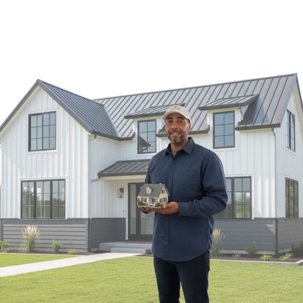 Smiling remodeling professional holding a small house model, representing a Flip & Fix investment opportunity with Izella Kay Design & Remodeling in Lakewood, Colorado.
