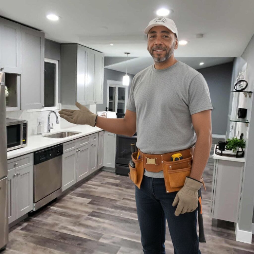 Friendly remodeling contractor in a modern home gesture encouraging visitors to reach out through the contact form.